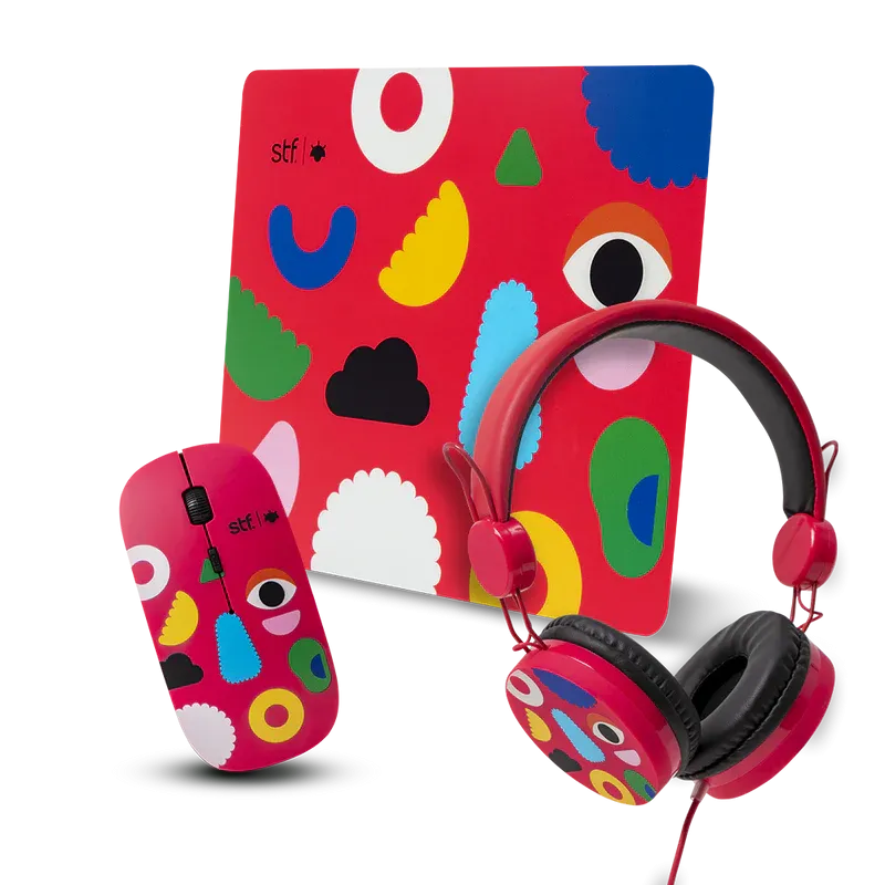 Kit Audífonos, mouse y mousepad | STF Alex Siordia 3 en 1 | para computadora rojo