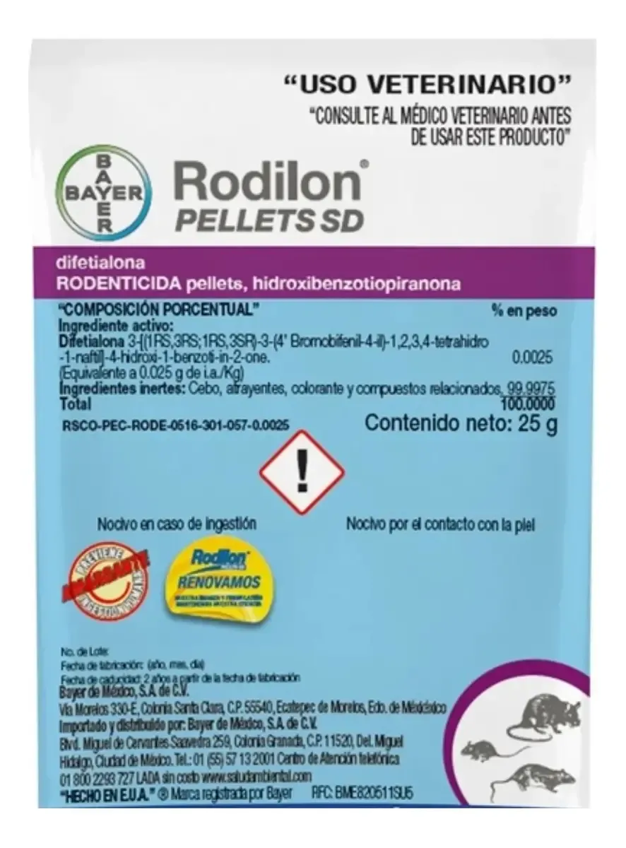 Cebo Rata Rodilon Pellets SD 25 Gramos Bayer
